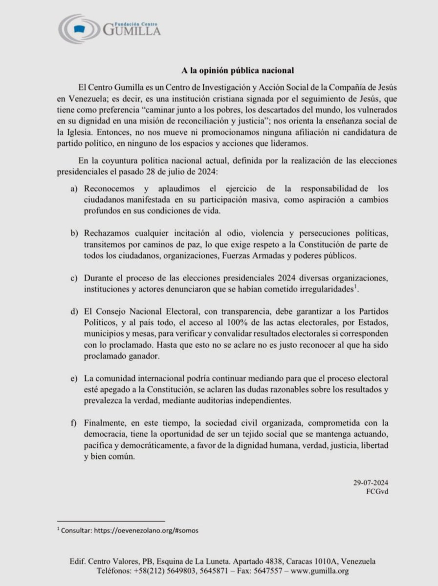 Centro Gumilla emite comunicado: "A la opinión pública", después de las elecciones del 28 de julio de 2024. "Hasta que esto no se aclare no es justo reconocer al que ha sido proclamado ganador". 

<a href="/JesuitasESP/">Compañía de Jesús</a> <a href="/ChuoTorrealba/">Jesus Chuo Torrealba</a> <a href="/polis360/">Piero Trepiccione</a> <a href="/jonchoperez/">Juan Salvador PÉREZ</a> <a href="/MackyArenas/">Macky Arenas</a> <a href="/LuisCarlos/">Luis Carlos 🏴‍☠️ One Piece</a>