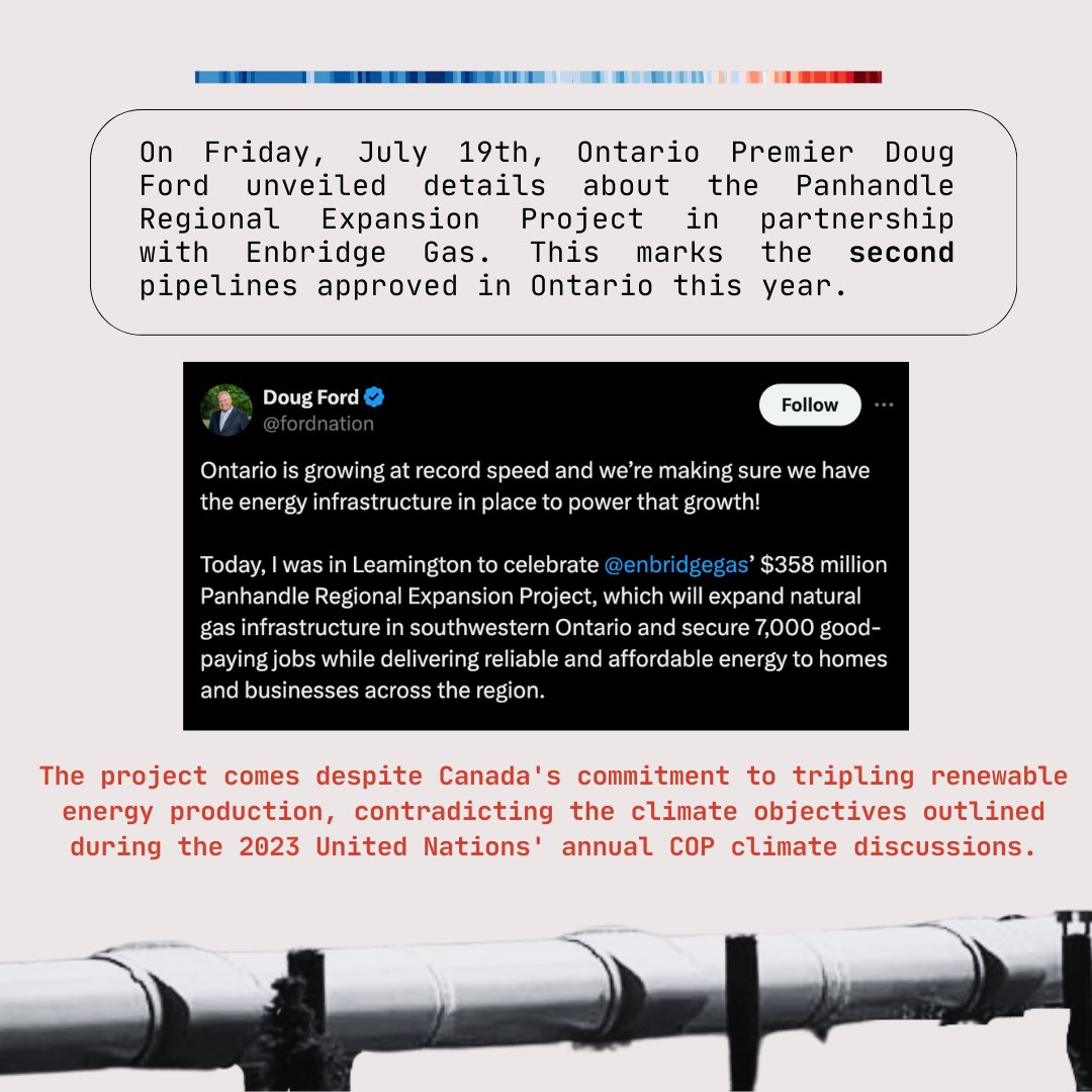 SRTurtleIsland's tweet photo. On July 19th, Ontario Premier Doug Ford announced a $358M pipeline project with Enbridge Gas.

The project contradicts Canada’s objectives outlined during the 2023 UN COP climate discussions. 

This is the second pipeline approved this year in Ontario. 

Shame! https://t.co/qfPyEj19CE