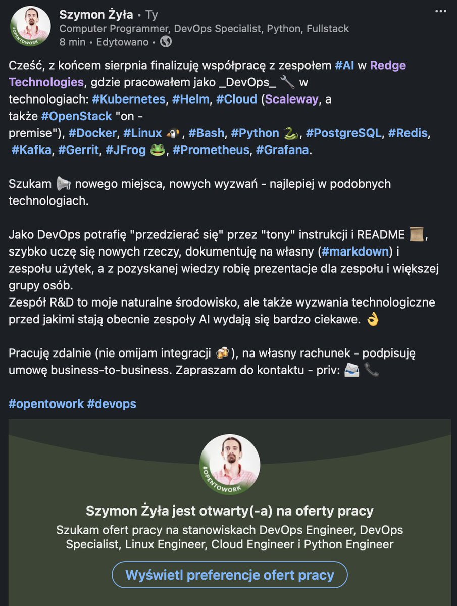 sz_a_m_a_n's tweet image. Czas na nową pracę - jeśli znacie kogoś kto potrzebuje zdalnego (i zdolnego!😜) DevOpsa to dajcie znać. Może być i #gamedevjobs od biedy (tam też budują się przecież projekty, hehe).
linkedin.com/feed/update/ur…