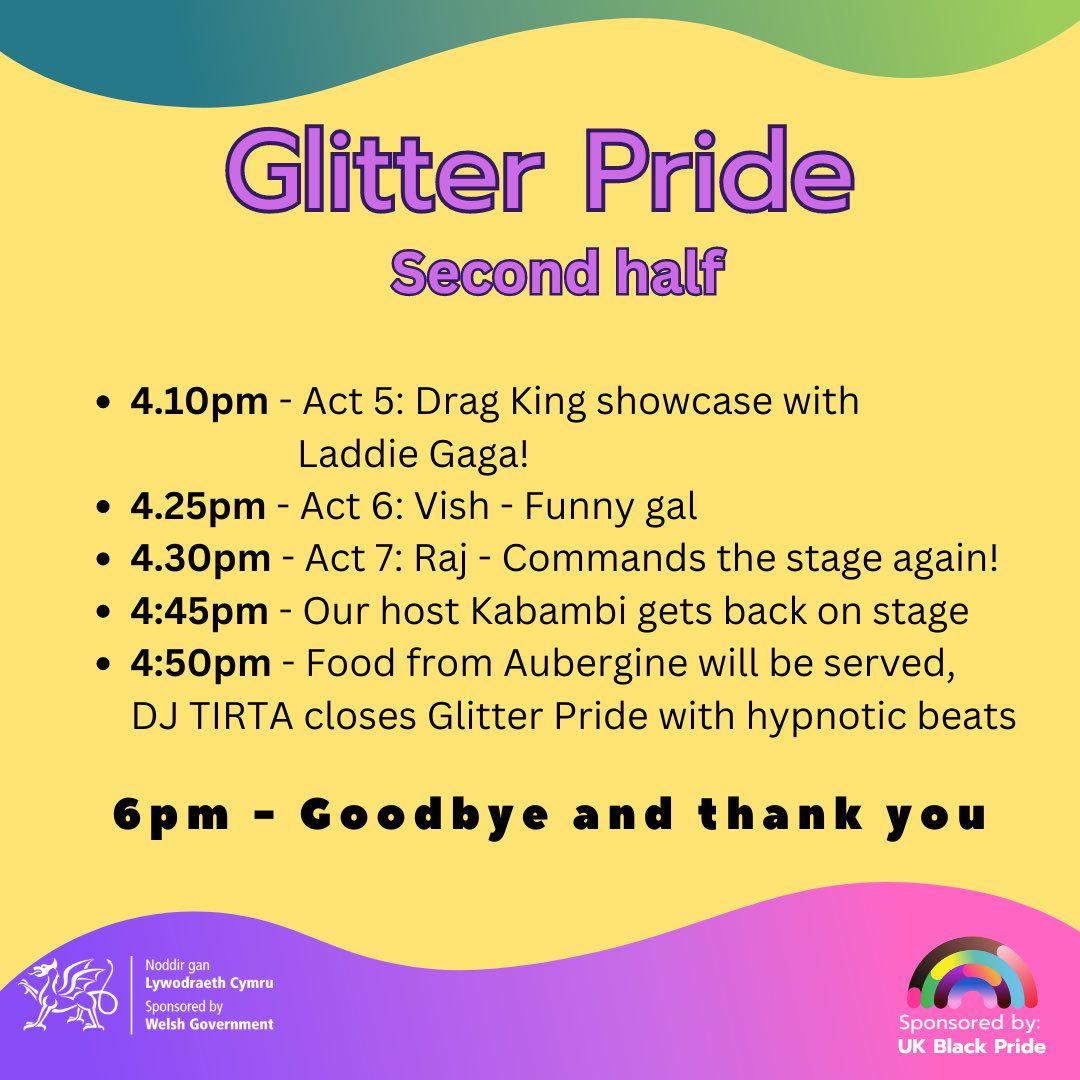 GlitterCymru's tweet photo. Glitter Pride’s schedule is live! Please come along from 2.30pm for a prompt 3pm start! We can’t wait to welcome you. Tickets are still available here: https://t.co/aCqf75wRGn ❤️🌈🏳️‍⚧️❤️ https://t.co/eKwdhnwYO2