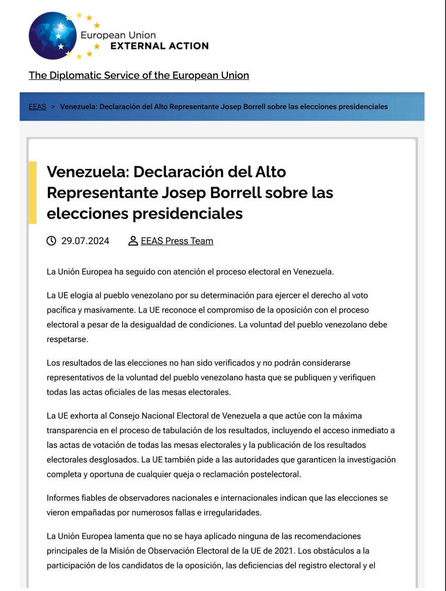 _Provea's tweet photo. #29Jul | La Unión Europea advierte que los resultados de las elecciones presidenciales en Venezuela no han sido verificados.

Y no pueden considerarse representativos del pueblo venezolano hasta que se publiquen y verifiquen todas las actas oficiales de los colegios electorales.

Piden al CNE que ejerza máxima transparencia en el escrutinio de los resultados, incluida la concesión de acceso inmediato a las actas de votación de cada colegio electoral y la publicación de los resultados electorales desglosados.

La UE está preocupada por las detenciones arbitrarias y la intimidación de miembros de la oposición y de la sociedad civil en el proceso electoral y pide la liberación inmediata de todos los presos políticos.

Hacen un llamado a la calma e instan a las fuerzas de seguridad a garantizar el pleno respeto de los derechos humanos, incluido el derecho de reunión y manifestación pacífica.

Lamentaron que no se aplicara ninguna de las recomendaciones de la Misión de Observación Electoral de la UE de 2021:

“Los obstáculos a la participación de los candidatos de la oposición, las deficiencias del registro electoral y el acceso desequilibrado a los medios de comunicación han contribuido a crear condiciones electorales desiguales”