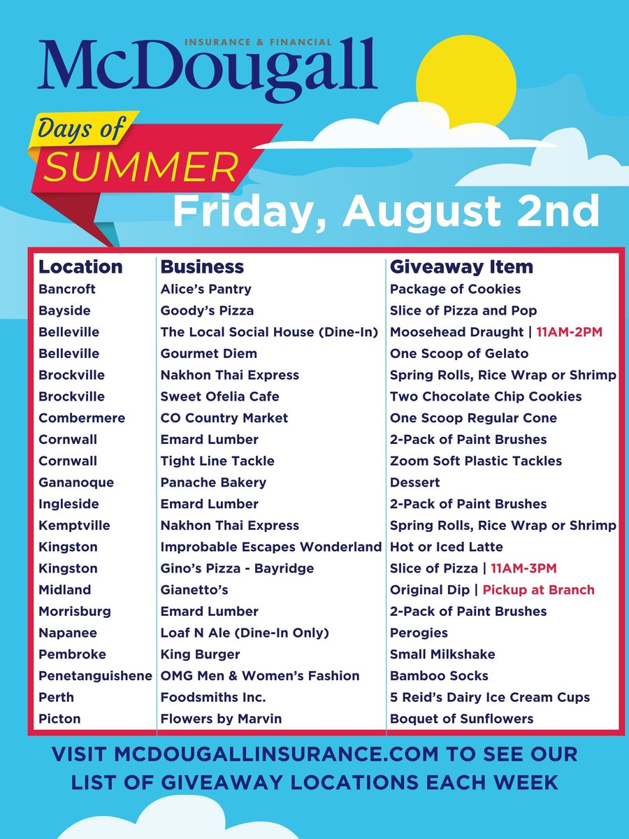 mcdougallins's tweet photo. First Friday in August is inbound! Look at all these great locations coming up this Friday, August 2nd. Mark your calendar and get ready for some more awesome free goodies! Don't forget your proof of insurance.
#DaysOfSummer https://t.co/E7Kb0yIc9o