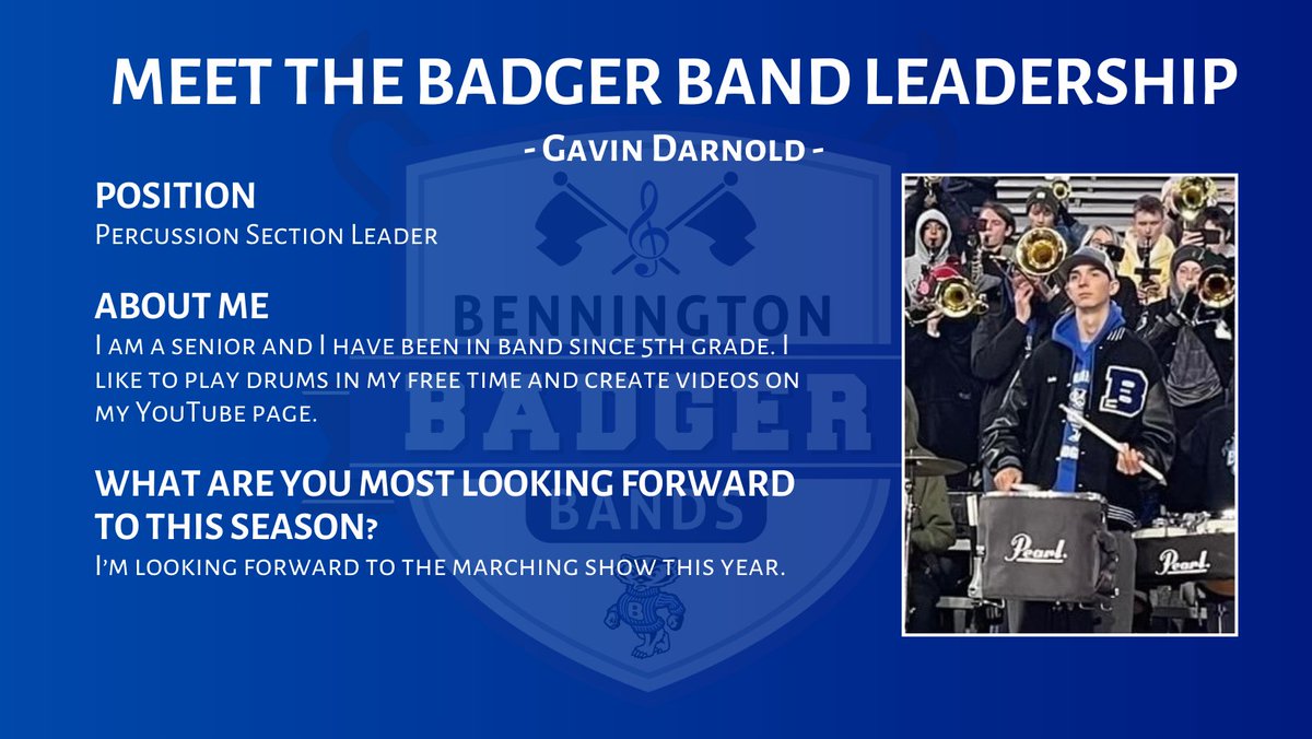 badgerbands's tweet photo. Meet the Badger Band Leadership Team!
We will continue to feature members on the leadership team each day as we approach our exhibition performance at the end of band camp.
Today we feature our very own Gavin Darnold!
@WeRBennington #WeAreBPS https://t.co/r88zybhgRN