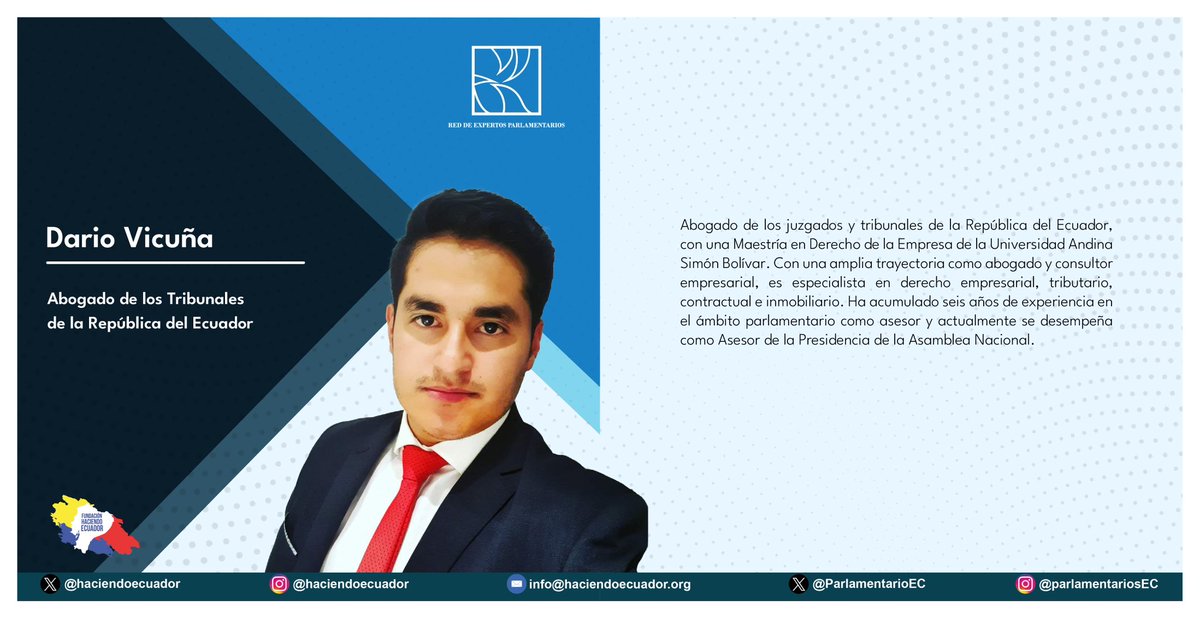 ParlamentarioEC's tweet photo. Damos la bienvenida a Darío Vicuña @DXVE123 , Abogado, máster en derecho empresarial. Cuenta con amplia experiencia en el ámbito público y privado. Actualmente es asesor de la Presidencia de la @AsambleaEcuador https://t.co/rkph67NGRf