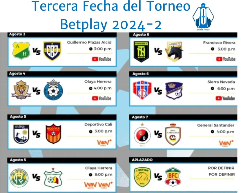 #DeportesBahiaLinda <a href="/Dimayor/">DIMAYOR</a> dio a conocer la programación de la tercera fecha del <a href="/TorneoBetplay/">Torneo Betplay</a> 2024-II, <a href="/UnionMagdalena/">Unión Magdalena S.A</a> juega en <a href="/EstadioSamario/">Estadio Sierra Nevada de Santa Marta</a> el martes 6 de agosto a las 6 y 30 p.m.