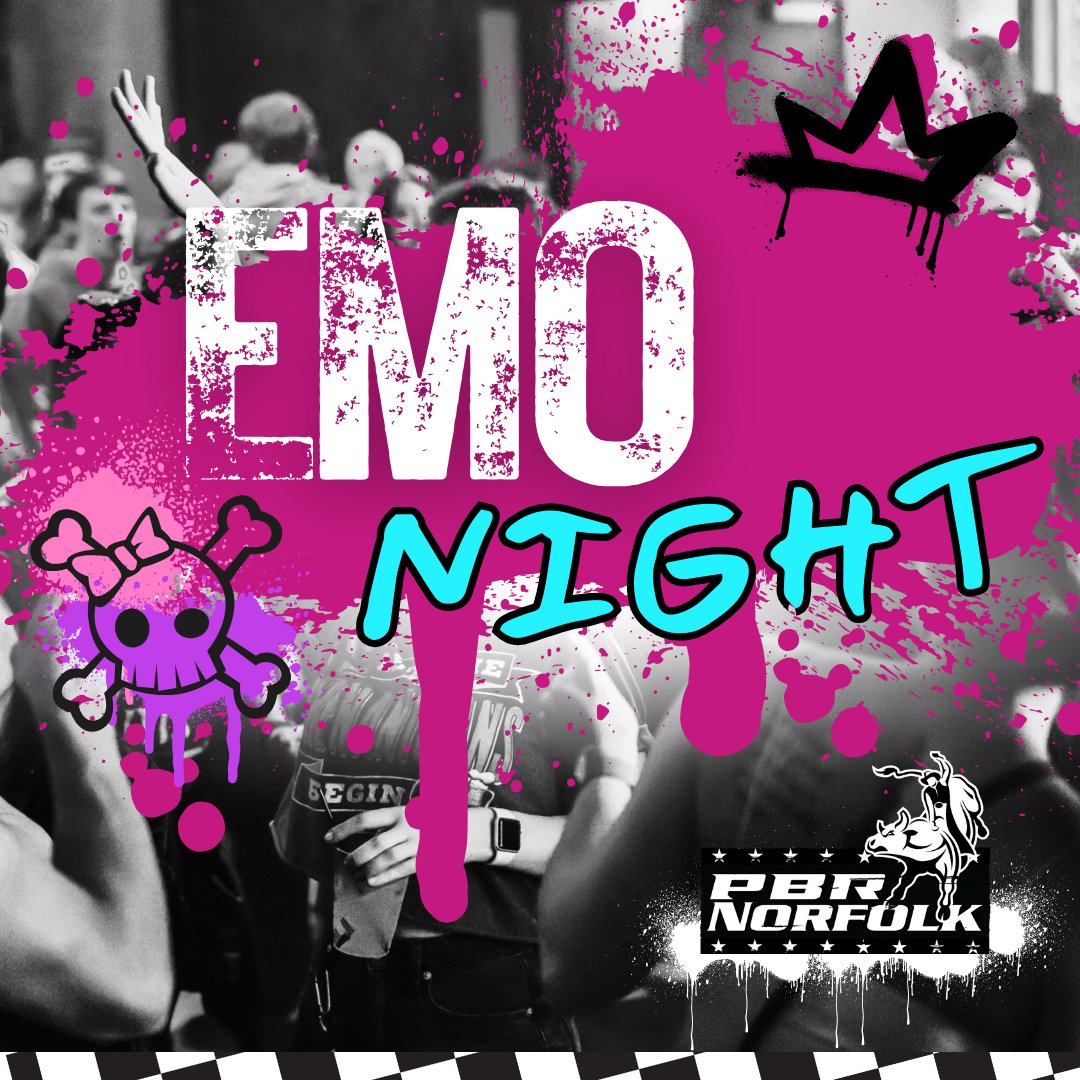 pbrnorfolk's tweet photo. Introducing: EMO Night! Now every First Thursday of the month at PBR Norfolk! 🖤 
FREE COVER ALL NIGHT
$3 Drink Specials ALL NIGHT
+ Take a ride on the EMO BULL!!

Doors open 8pm - Thursday, Aug 1! https://t.co/pS1kZUBJI8