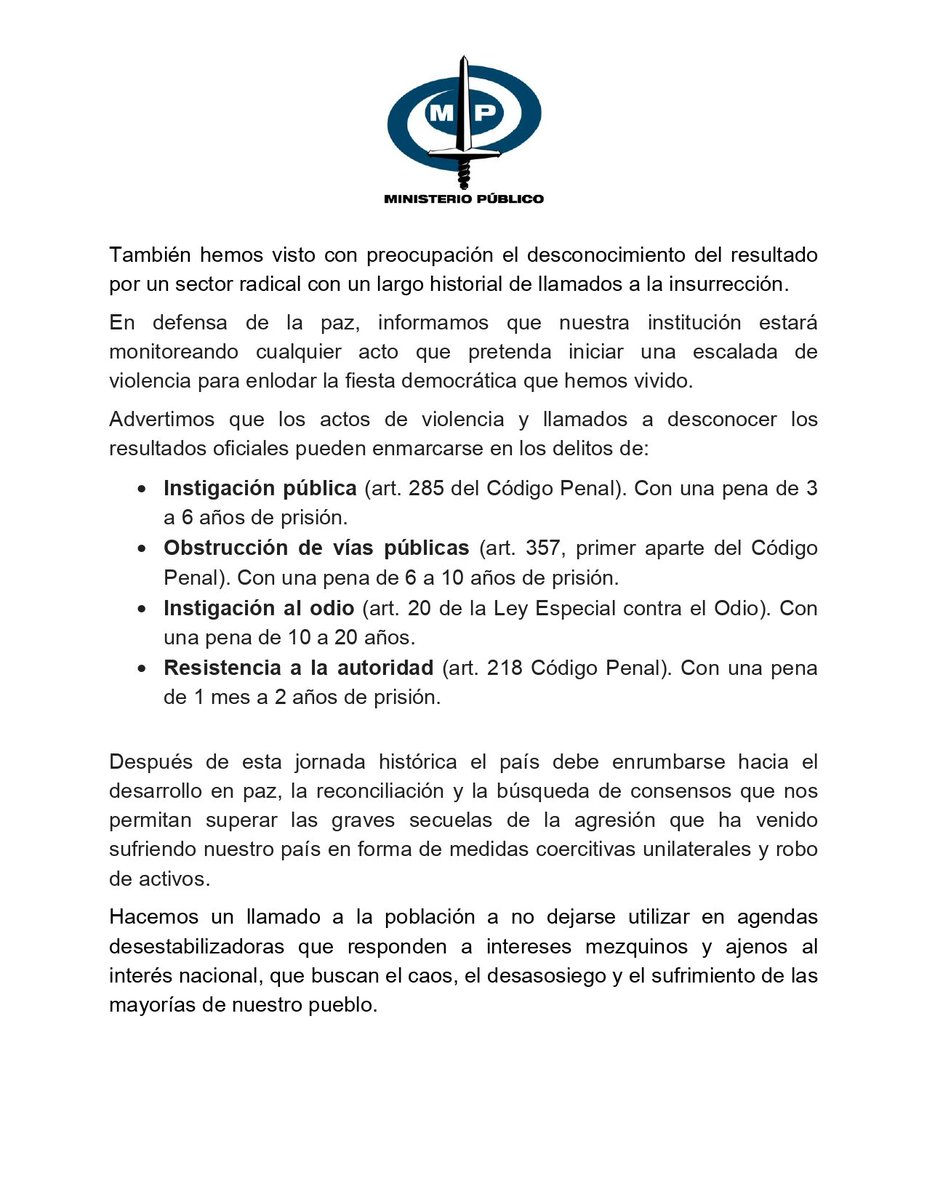 Con el Mazo Dando (@conelmazodando) on Twitter photo El Ministerio Público (<a href="/MinpublicoVEN/">Ministerio Público venezolano</a>) designó a los fiscales 38 y 74 con competencia nacional para investigar los intentos de sabotaje contra el sistema electoral registrados este domingo 28 de julio.
A través de un comunicado, firmado por el Fiscal General de la República, El Ministerio Público (<a href="/MinpublicoVEN/">Ministerio Público venezolano</a>) designó a los fiscales 38 y 74 con competencia nacional para investigar los intentos de sabotaje contra el sistema electoral registrados este domingo 28 de julio.
A través de un comunicado, firmado por el Fiscal General de la República,
