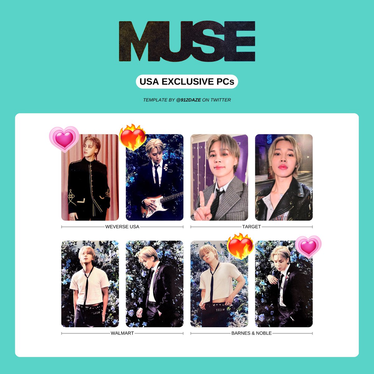 kkulxkkyul's tweet photo. WTT USA 

JIMIN MUSE ALBUM

I have dupes of the Weverse USA/Barnes &amp; Noble exclusive PCs looking to trade for their other pair 🙇🏻‍♀️

💗Have
❤️‍🔥Want

#wtt #wttbts #btstrade #btstrades https://t.co/he2U3WKyej