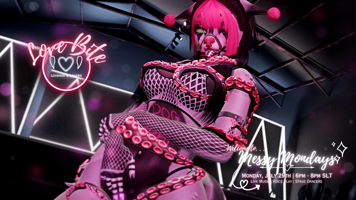 LovebiteSL's tweet photo. Hey darling. Had a dreary start to your week? Don’t fret, let us help make it all  better. Come see us from 6pm to 8pm SLT for LIVE music, voice play and sexy stage performances.. bonus points if you help us get messy ✨ We’ll see you soon darling! 💋
#Secondlife #Lovebite https://t.co/q0r6P60Ysx