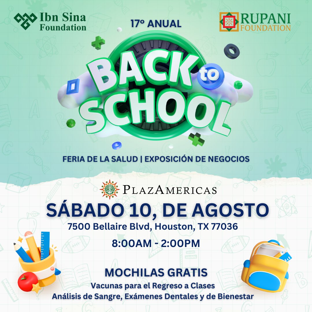 IbnSinaUSA's tweet image. We are proud to present a Back to School event you won't want to miss! Join us on August 10th for a day dedicated to fun and health. 🌟
#BackToSchool #FreeBackpacks #houstontx #houstonclinic #houstontexas #communityclinic #backtoschoolhouston