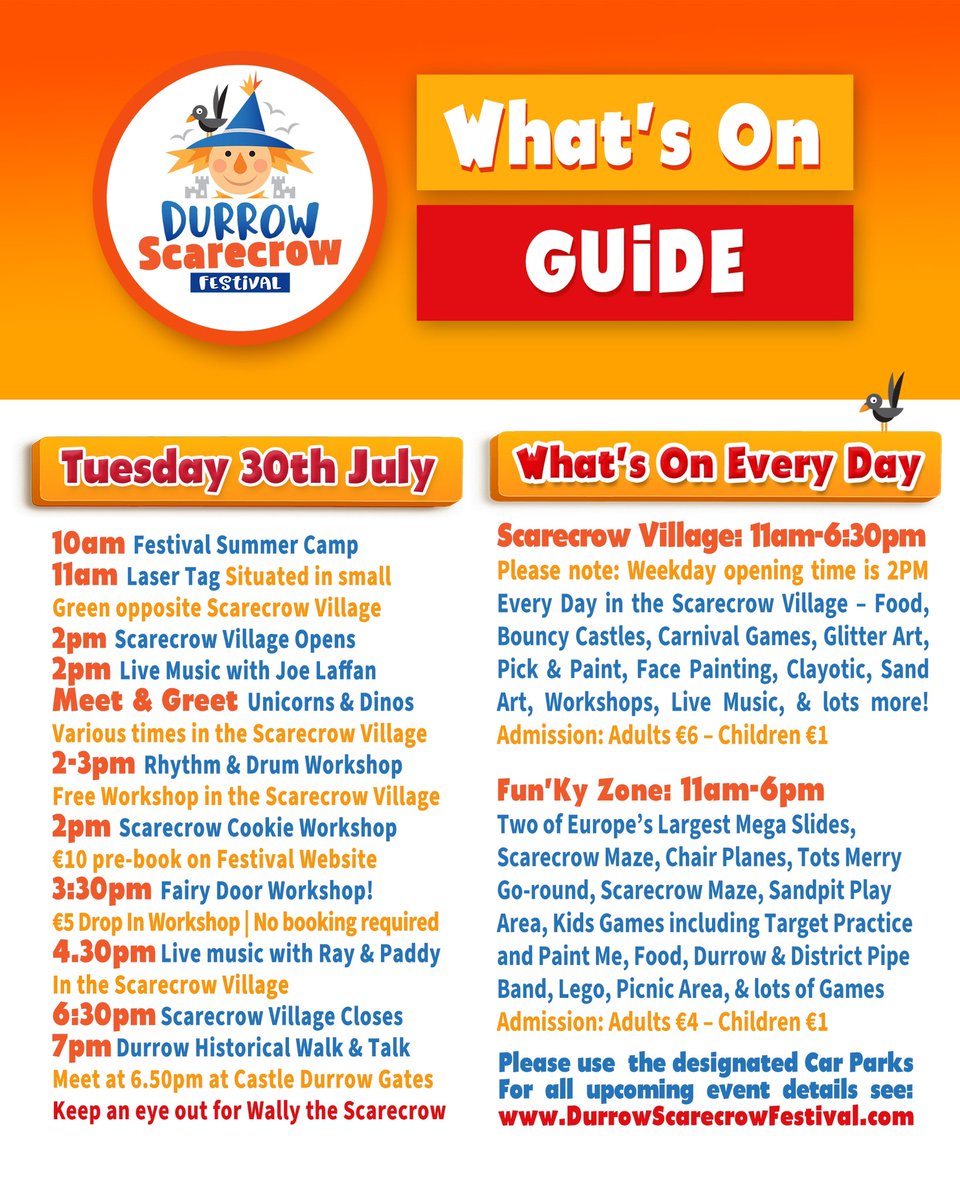 🎉 Tuesday, 30th July at the Durrow Scarecrow Festival 🎉

Get ready for another action-packed day filled with fun, creativity, and entertainment for all ages!