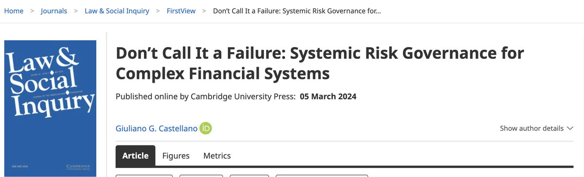 Law & Social Inquiry (@lsi_journal) on Twitter photo Financial regulations oversimplify society, making them unequipped to handle financial crises. In LSI, <a href="/Giuliano_C/">Giuliano Castellano</a> (<a href="/HkuLaw/">HKU Faculty of Law</a>) argues that “neglecting complexity is not only intellectually flawed but also politically dangerous and socially irresponsible”. bit.ly/4d1lA0v Financial regulations oversimplify society, making them unequipped to handle financial crises. In LSI, <a href="/Giuliano_C/">Giuliano Castellano</a> (<a href="/HkuLaw/">HKU Faculty of Law</a>) argues that “neglecting complexity is not only intellectually flawed but also politically dangerous and socially irresponsible”. bit.ly/4d1lA0v