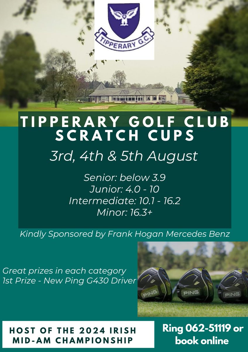ScratchCups's tweet image. SAT 3rd - MON 5th August
Tipperary Golf Club
Senior SC ( 3.9 max), Junior SC (4.0 - 10.0), Intermediate SC (10.1 - 16.2) &amp;amp; Minor SC (16.3 +)

€30 - visitors.brsgolf.com/tipperary#/ope…

#scratchcup #scratchcups #seniorscratchcup  #juniorscratchcup #intermediatescratchcup #minorscratchcup
