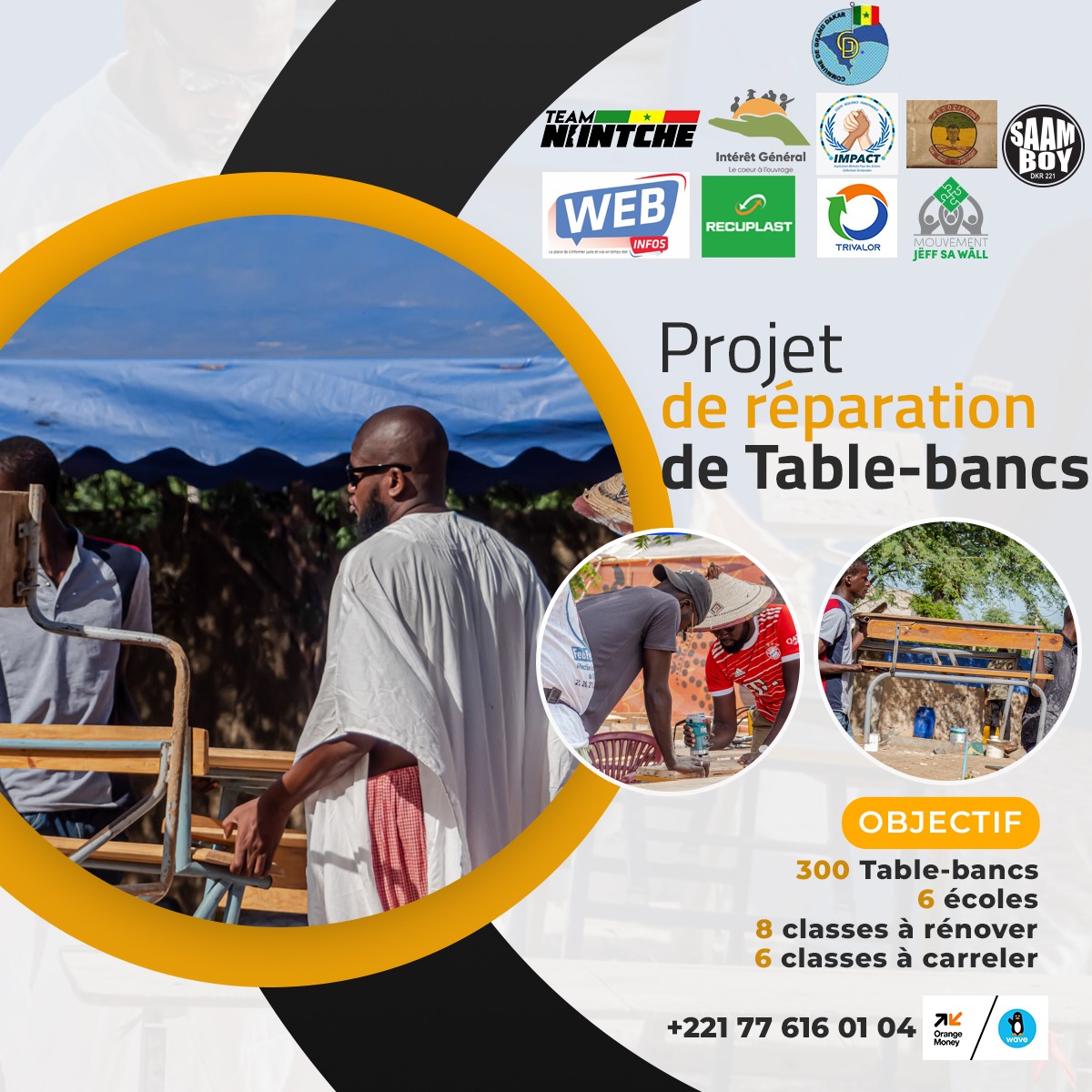 LeProfane's tweet photo. "BÊS": Bien Être Scolaire de @TeamNiintche consiste à régler le problème du manque de tables bancs dans les écoles de Grand Dakar en réfectionnnant 300 carcasses et 8 classes de l'école taiba.
Nous lançons un appel au don  pour la réussite de ce projet.
@PR_Diomaye en premier https://t.co/Fg76QDSlgt