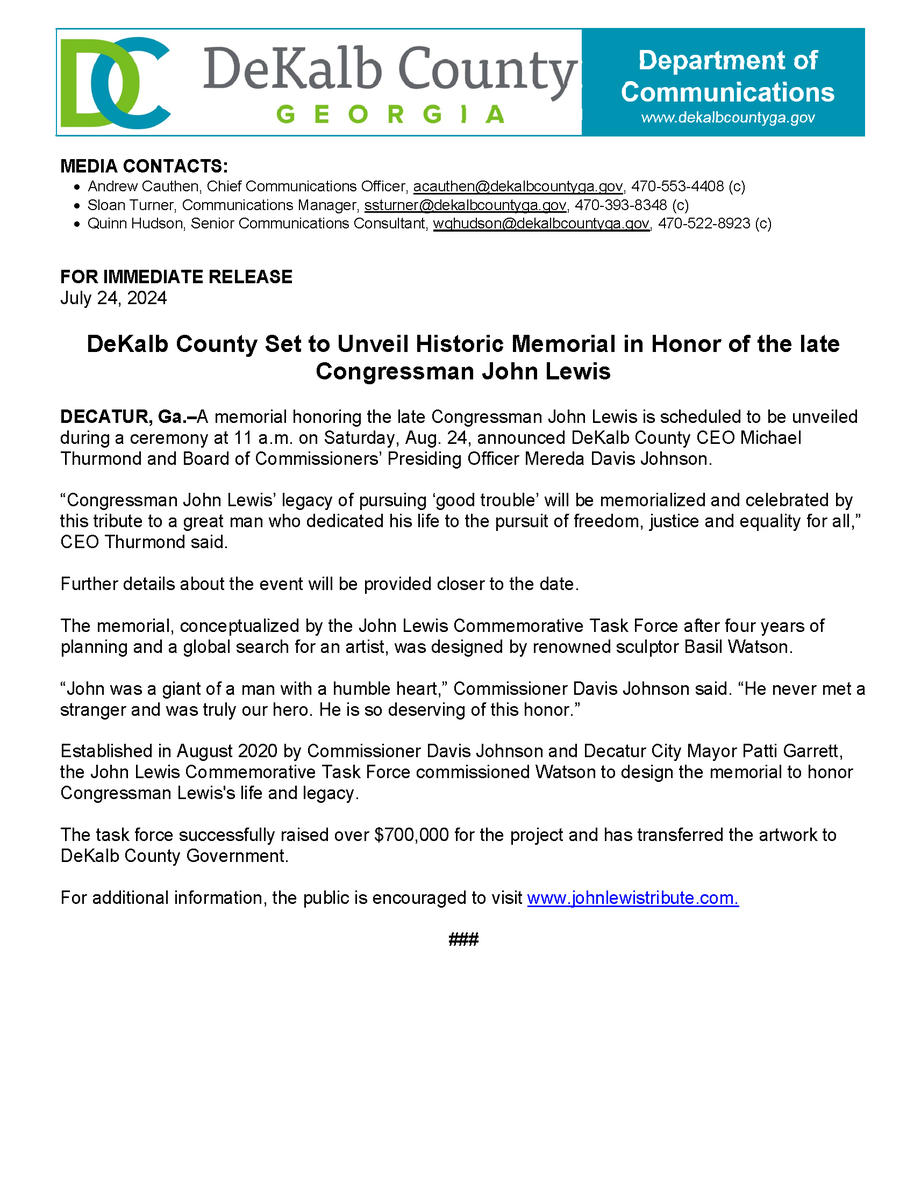 DeKalb County Set to Unveil Historic Memorial in Honor of the Late Congressman John Lewis August 24

Visit johnlewistribute.com for more information about John Lewis' work and DeKalb County's efforts to preserve his legacy.