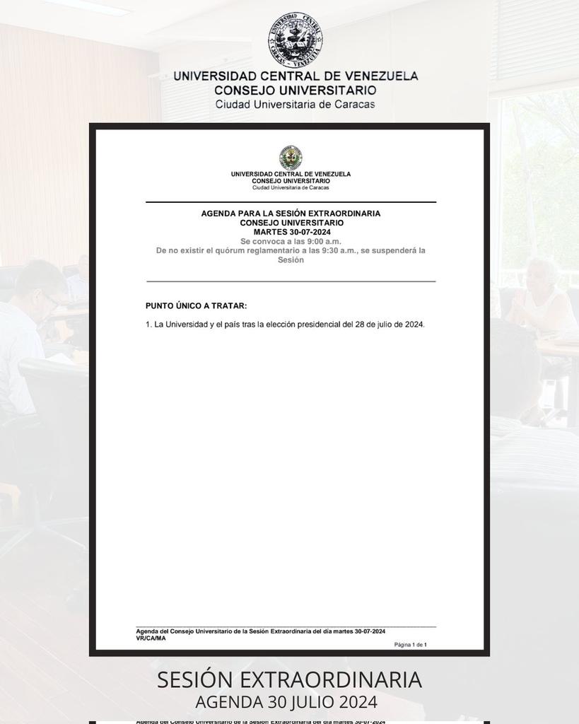 El #CUUCV informa la agenda de la Sesión Extraordinaria, convocada para este martes 30 de julio de 2024.

Punto único: La Universidad y el país tras la elección presidencial del 28 de julio de 2024.

#UCV