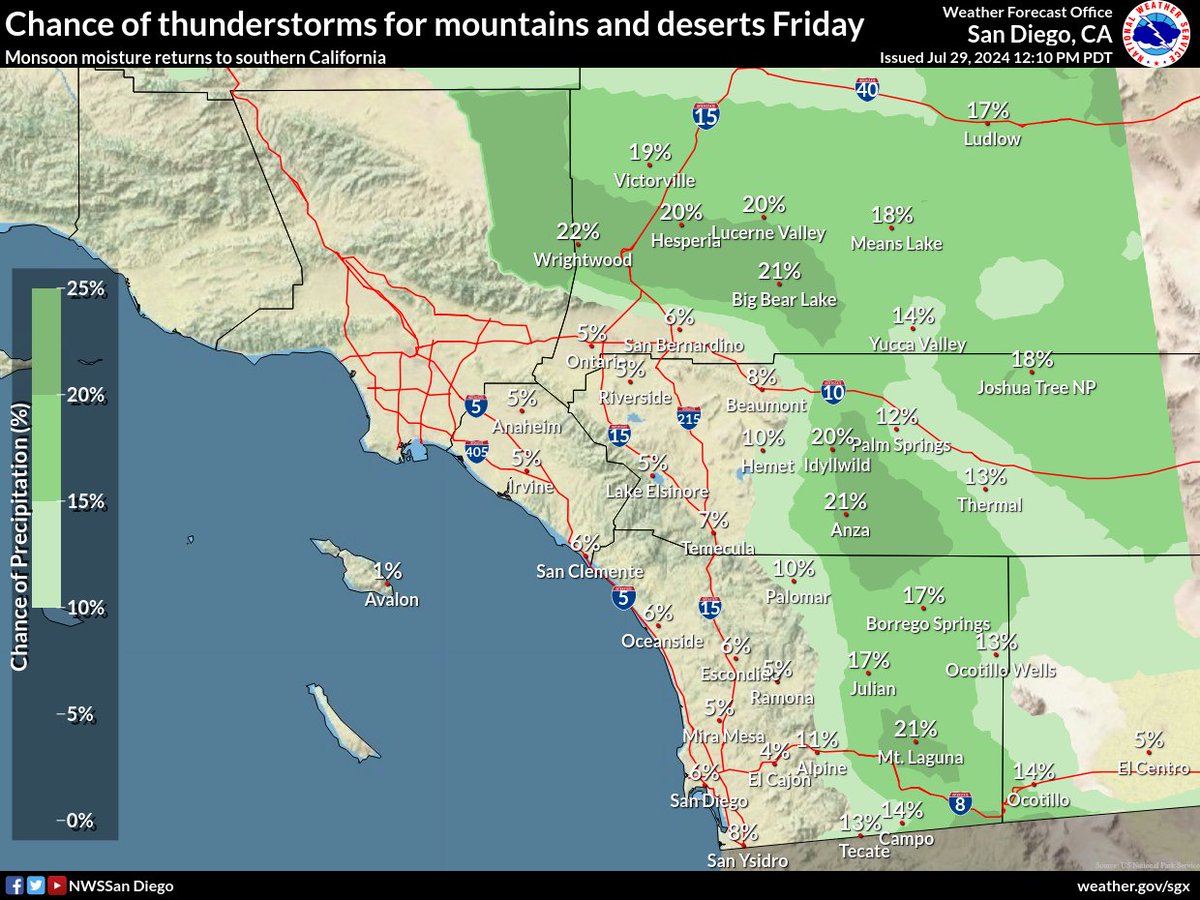 NWSSanDiego's tweet photo. The #monsoonal moisture could return by Friday and bring a few thunderstorms to the mountains into the weekend #cawx https://t.co/PUEvAbuPah