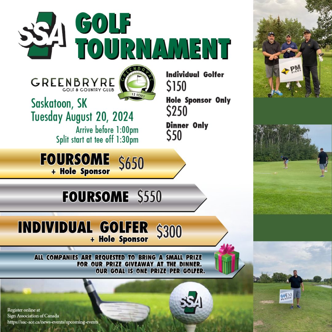 SSA_Signs's tweet image. Have you signed up?

⛳️Come out and enjoy a day with your colleagues in the Saskatchewan Sign Industry.

August 20, 2024, at the beautiful Greenbryre Golf And Country Club

Register here: sac-ace.ca/news-events/up…