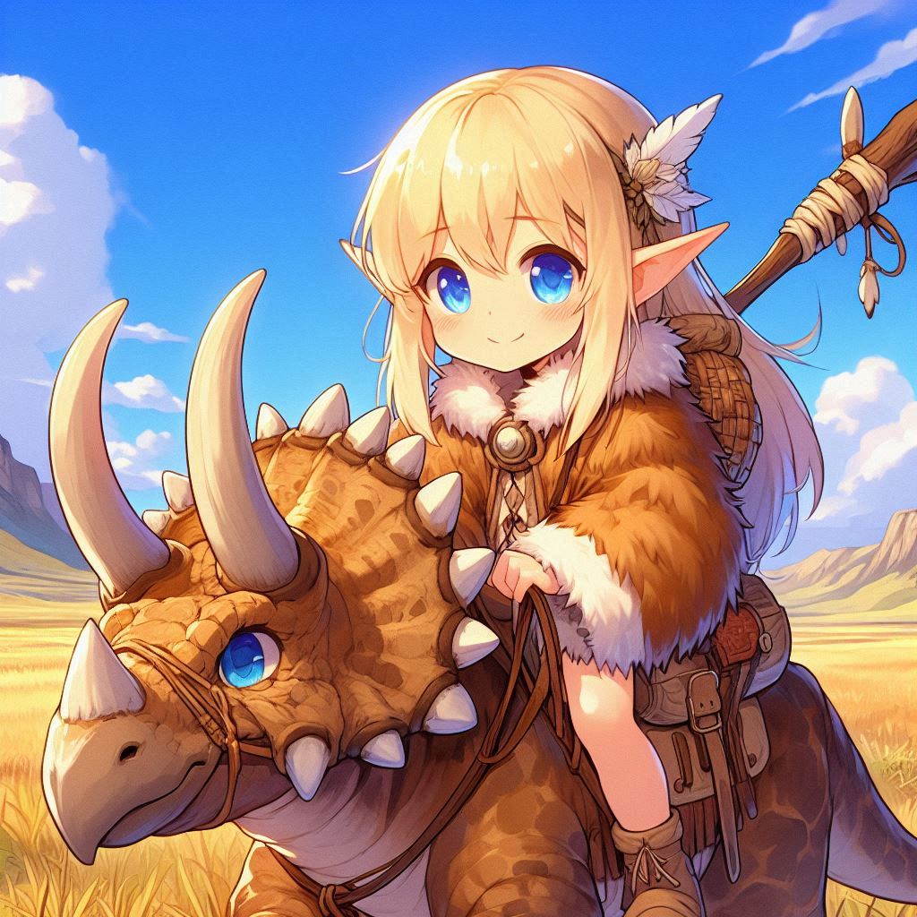umetana_ai_art's tweet photo. 「AIイラスト投稿サイト」#イロミライ に投稿しました!
お題:乗り物
「自家用トリケラトプスでお出かけ」
https://t.co/EbPpXyGk4B
#AIイラスト #AIイラスト好きと繋がりたい #AI術師さんと繋がりたい
#AIART #dalle3 #MSdesigner #エルフさん
プロンプト:2d, anime style, 架空の原始時代。金髪碧眼のエルフ少女は原始時代の毛皮で出来た衣服を纏い、手綱と鞍を装着した自家用トリケラトプスの上に乗って今日も原始の草原を散歩する