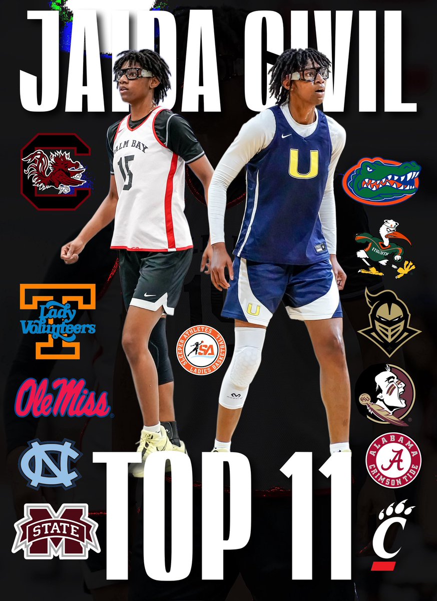 Sleeper Athletes Ladies Basketball (@sathleteslbb) on Twitter photo .<a href="/ECunitedbball/">eastcoastunited</a> 2025 F Jaida Civil (<a href="/JaidaCivil/">Jaida Civil</a>) has narrowed her college choices down to 11 schools
*in no particular order*
<a href="/GamecockWBB/">South Carolina Women's Basketball</a>
<a href="/LadyVol_Hoops/">Lady Vols Basketball</a>
<a href="/OleMissWBB/">Ole Miss Women's BB</a>
<a href="/uncwbb/">Carolina Women's Basketball</a>
<a href="/HailStateWBK/">Mississippi State Women's Basketball</a>
<a href="/GatorsWBK/">Gators Women’s Basketball</a>
<a href="/CanesWBB/">Hurricanes Women’s Basketball</a>
<a href="/UCF_WBB/">UCF Women's Hoops</a>
<a href="/fsuwbb/">FSU Women's Basketball</a>
<a href="/AlabamaWBB/">Alabama Women’s Basketball</a>
<a href="/GoBearcatsWBB/">Cincinnati Women's Basketball</a> .<a href="/ECunitedbball/">eastcoastunited</a> 2025 F Jaida Civil (<a href="/JaidaCivil/">Jaida Civil</a>) has narrowed her college choices down to 11 schools
*in no particular order*
<a href="/GamecockWBB/">South Carolina Women's Basketball</a>
<a href="/LadyVol_Hoops/">Lady Vols Basketball</a>
<a href="/OleMissWBB/">Ole Miss Women's BB</a>
<a href="/uncwbb/">Carolina Women's Basketball</a>
<a href="/HailStateWBK/">Mississippi State Women's Basketball</a>
<a href="/GatorsWBK/">Gators Women’s Basketball</a>
<a href="/CanesWBB/">Hurricanes Women’s Basketball</a>
<a href="/UCF_WBB/">UCF Women's Hoops</a>
<a href="/fsuwbb/">FSU Women's Basketball</a>
<a href="/AlabamaWBB/">Alabama Women’s Basketball</a>
<a href="/GoBearcatsWBB/">Cincinnati Women's Basketball</a>