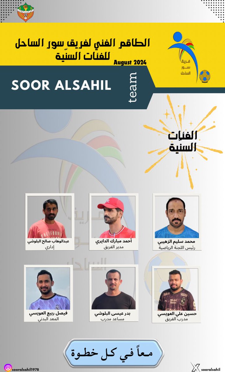 🔹الطاقم الفني للفئات السنّيّة لفريق سور الساحل
.
.
.
متمنين لهم كل التوفيق والنجاح 
#معاً_في_كل_خطوة 
#كرة_القدم
