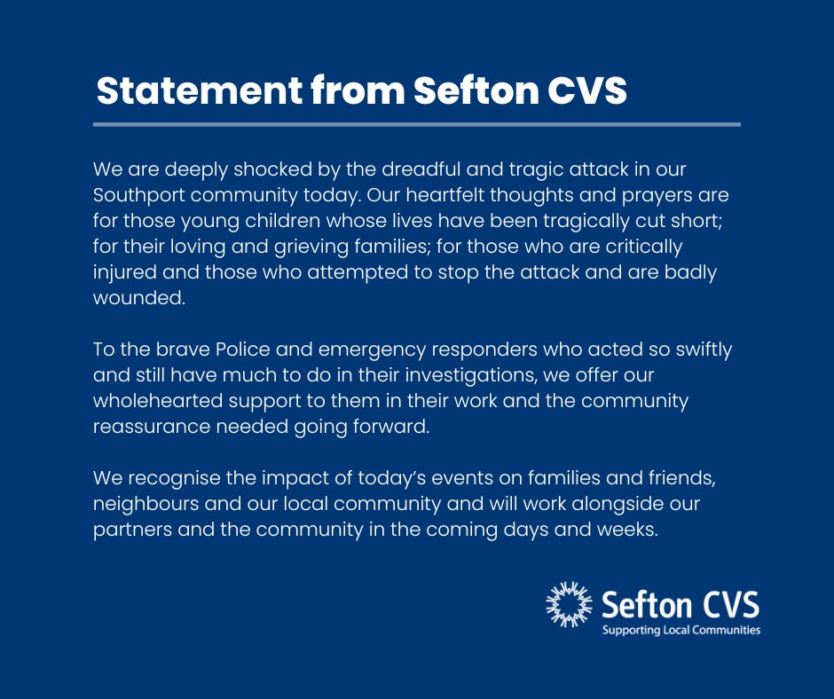 A statement following today's shocking and tragic attack in our Southport community. 

Our thoughts and prayers are with the victims, their families and all those affected by the events earlier today.