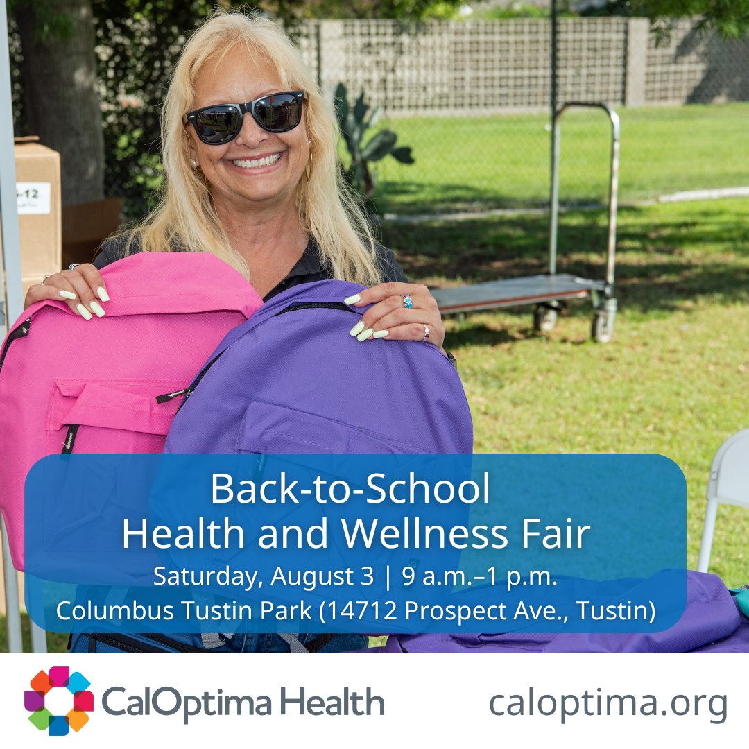 Join CalOptima Health and <a href="/OCDeptofEd/">OCDE</a>'s annual Back-to-School event this Saturday, August 3, from 9 a.m.–1 p.m. at Columbus Tustin Park (14712 Prospect Ave., Tustin).
