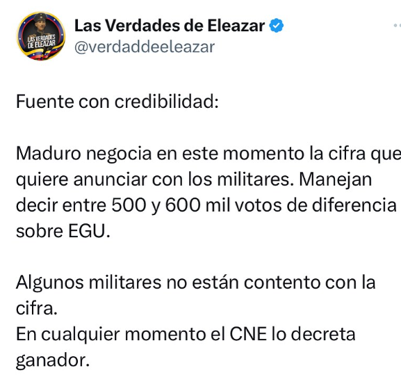 verdaddeeleazar's tweet photo. #ATENCION 

Ayer publiqué esta información de una fuente seria antes de los resultados y un hacker entró a mi cuenta y la borró. Al igual que la información que solté sobre el alto mando militar. 

El régimen le tiene miedo a esta cuenta.
Difunde. https://t.co/t5OEojEdqk