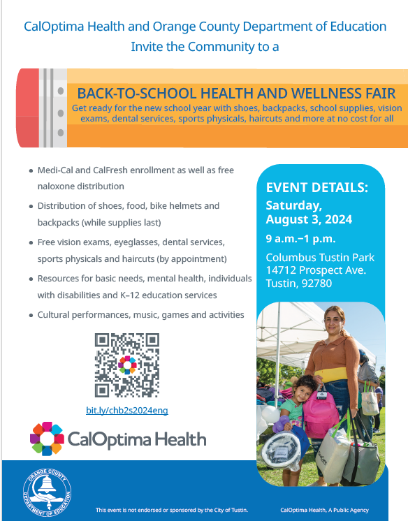 C4FHealth's tweet photo. SAVE THE DATE: 

CalOptima Health is hosting their 2nd Annual Back to School Health and Wellness Fair. The event will take place on Saturday, August 3 from 9am to 1pm at Columbus Park located at 14712 Prospect Ave., Tustin, 92780. 

Plan and attend https://t.co/PZbgPaAFFG