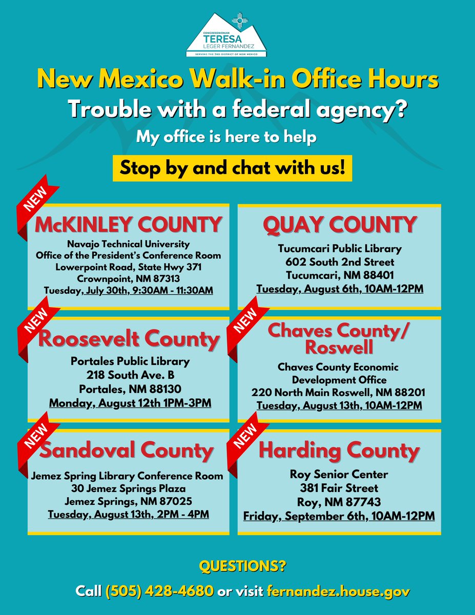 RepTeresaLF's tweet photo. My team will continue hosting mobile office hours across rural New Mexico in the coming weeks.

Stop by and chat with #TeamTLF! https://t.co/tsay7aG3AX
