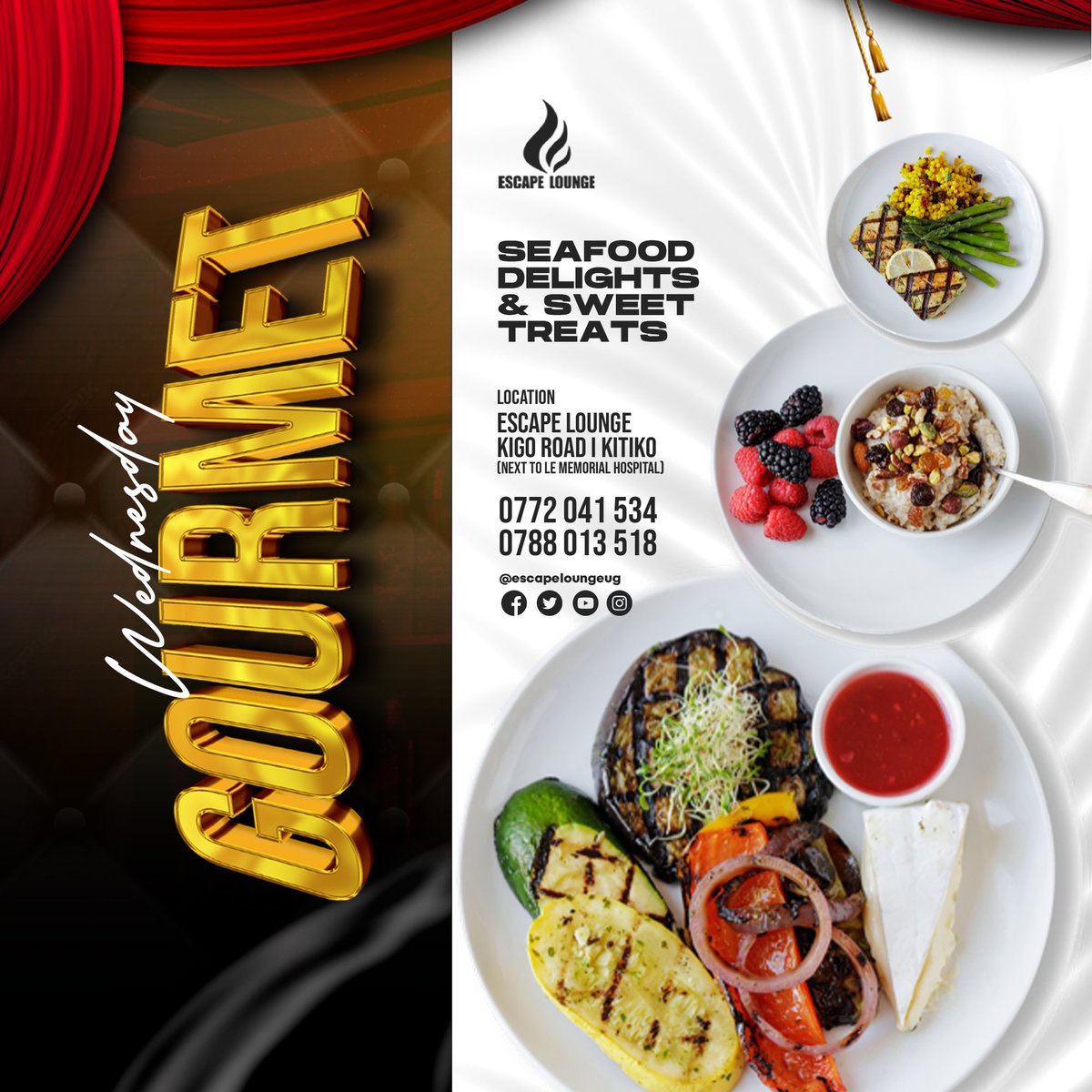 escapeloungeug's tweet image. Experience Wednesday Gourmet at ESCAPE LOUNGE! Every Wednesday, indulge in exquisite culinary creations and fine dining delights. Elevate your midweek with gourmet dishes and a sophisticated ambiance.

#gourmet #cullinary 
For reservations:
☎️ 256 772 041 534
☎️ 256 788 013 518