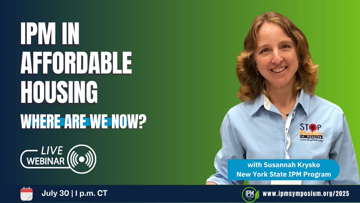 IPMSymposium's tweet image. 📢 The "IPM in Affordable Housing" webinar goes live Tuesday, July 30 at 1 p.m. CT! Join Susannah Krysko to discuss current research, obstacles to #IPM, and where we go next.
Register now: us06web.zoom.us/webinar/regist…