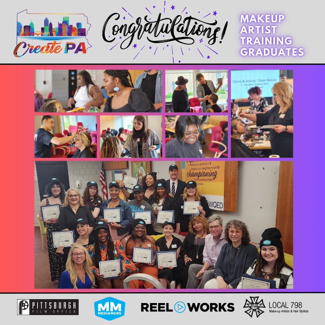 PghFilmOffice's tweet photo. CONGRATULATIONS to the 2024 CREATE PA Makeup Artist Graduates! We are excited to watch your careers flourish and wish you all the best with your future endeavors!
#createpa #pghfilm #Citizens #reelworks #mediamakers #iatse798 #workforcetraining #RATEDPGH #makeupdepartment https://t.co/DBSPNRn4Wa