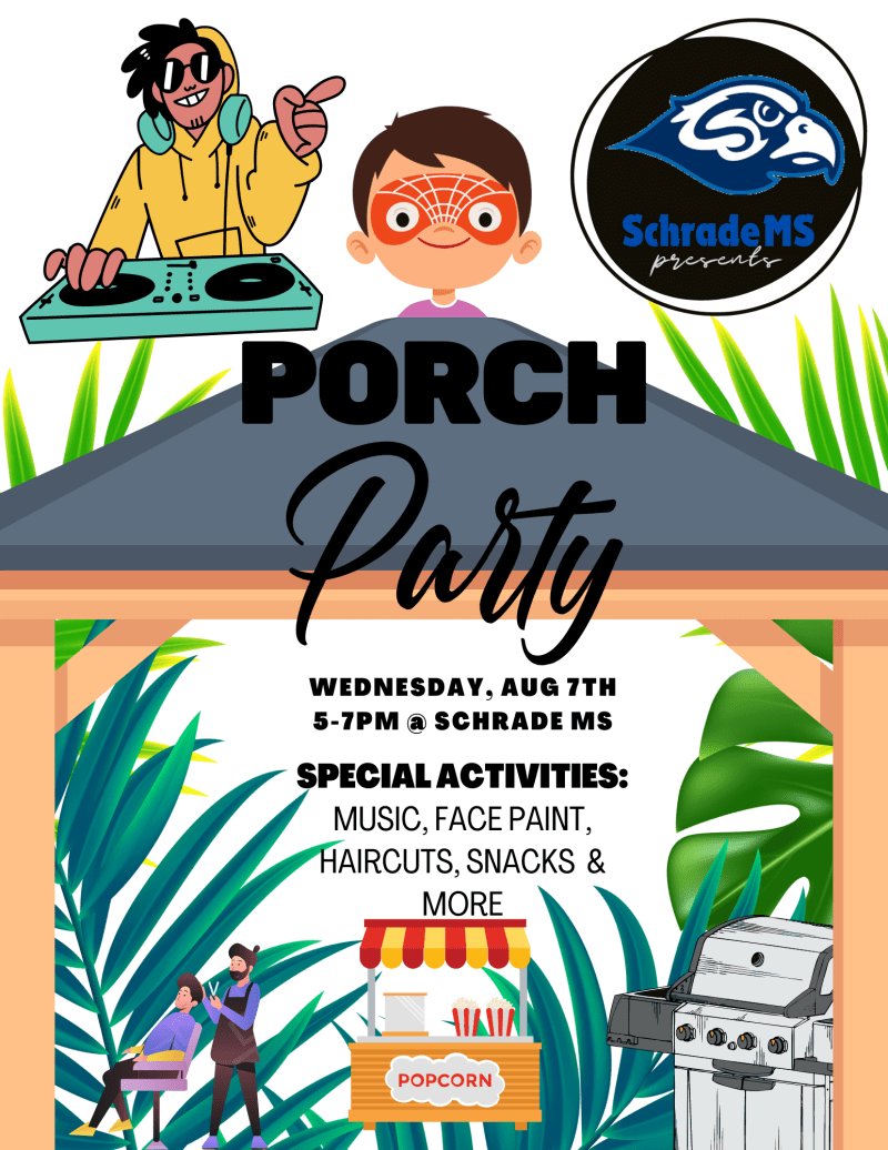 Come check out Schrade's porch party on August 7th from 5-7!