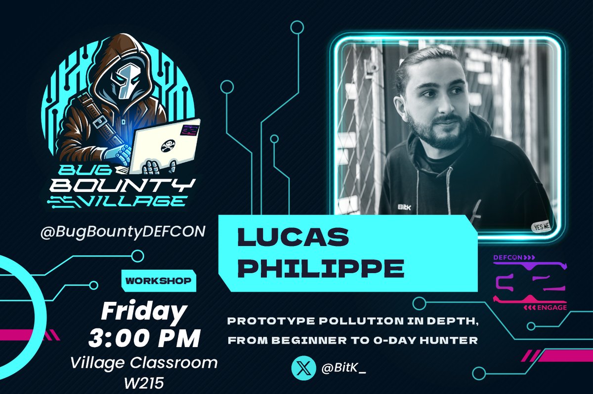 Don't miss "Prototype pollution in depth, from beginner to 0-day hunter" by Lucas Philippe (<a href="/BitK_/">BitK</a>)!  📅 Friday, Aug 9 ⏰ 3:00 PM 📍 Bug Bounty Village Classroom, Room W215 #BugBounty #DEFCON