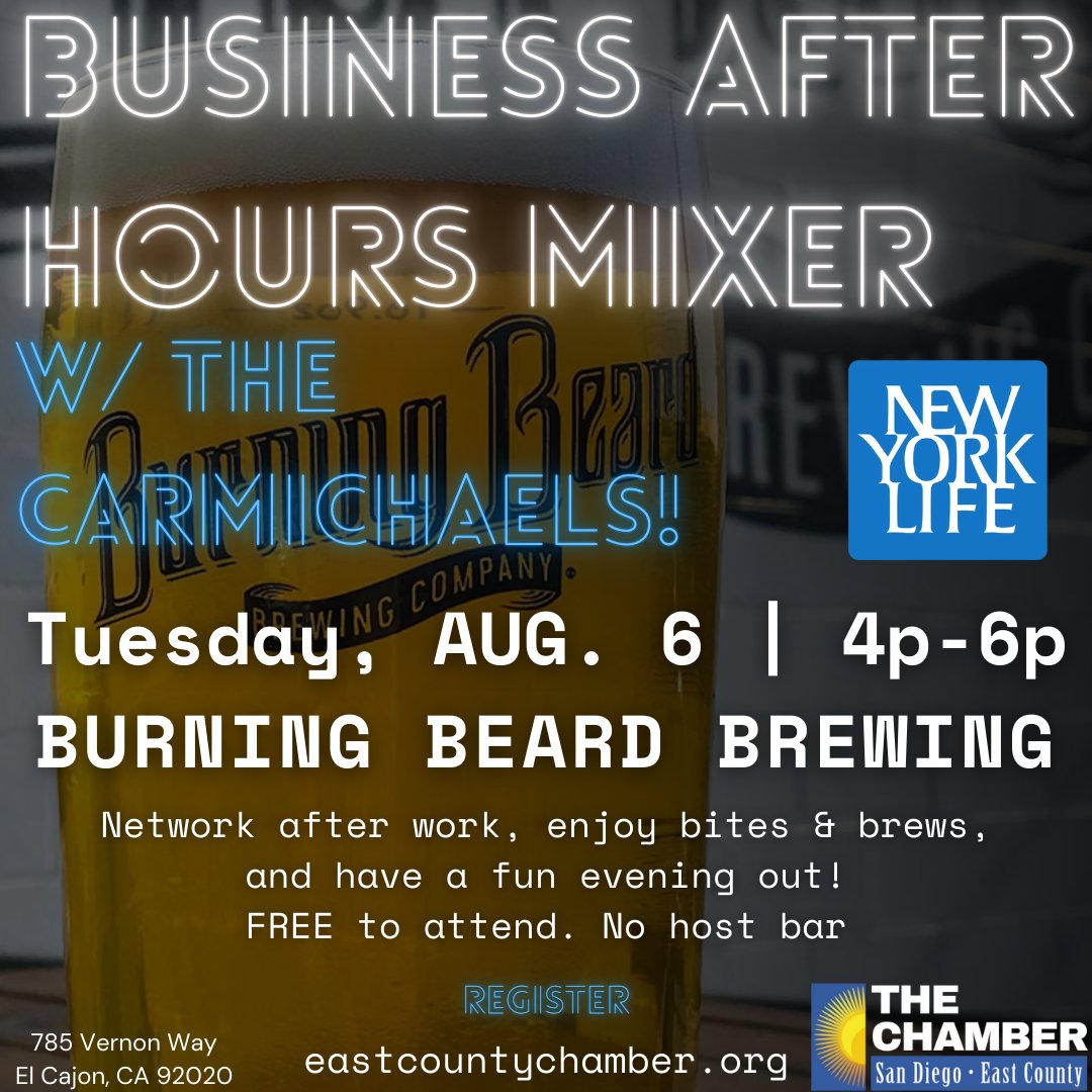 sdeccc's tweet image. We&apos;re excited to #NetworkAfterWork next week at #BurningBeardBrewing from 4p-6p with the Carmichaels - enjoy #brewsbitesandbanter - business.eastcountychamber.org/events/details…