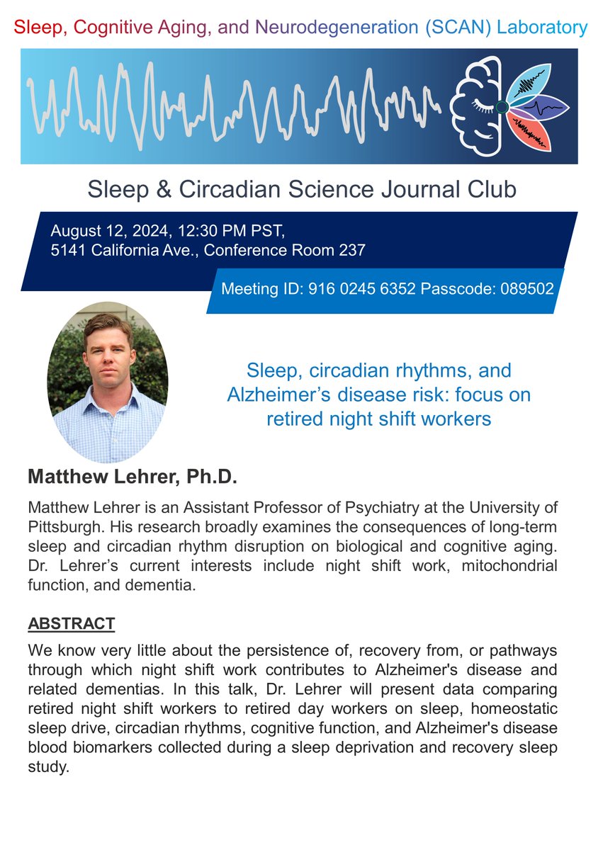 Bryce Mander (@brycemander) on Twitter photo Delighted and honored to be hosting Dr. Lehrer <a href="/hmlehrer/">Matthew Lehrer</a> as a guest speaker for our Sleep and Circadian Science Journal Club on August 12, 2024 at 12:30PM PST to talk about his work in shift work and AD biomarkers. Please join us! It will be an enlightening discussion! Delighted and honored to be hosting Dr. Lehrer <a href="/hmlehrer/">Matthew Lehrer</a> as a guest speaker for our Sleep and Circadian Science Journal Club on August 12, 2024 at 12:30PM PST to talk about his work in shift work and AD biomarkers. Please join us! It will be an enlightening discussion!