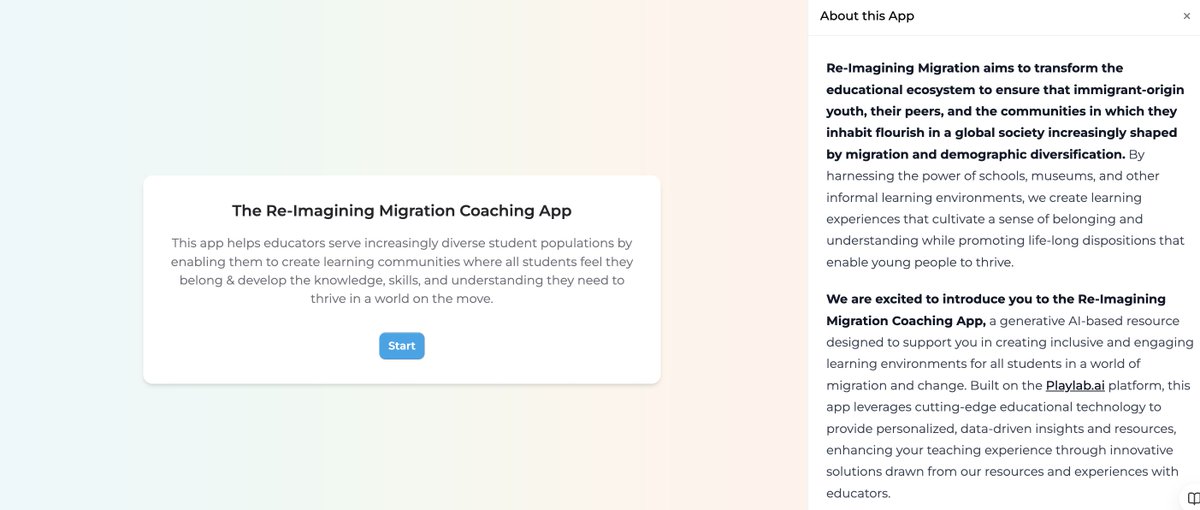 reimaginemigrat's tweet photo. Re-Imagining Migration's AI-powered coaching app is live. This would not be possible without the amazing folks at Playlab! https://t.co/aGa5lteZhQ