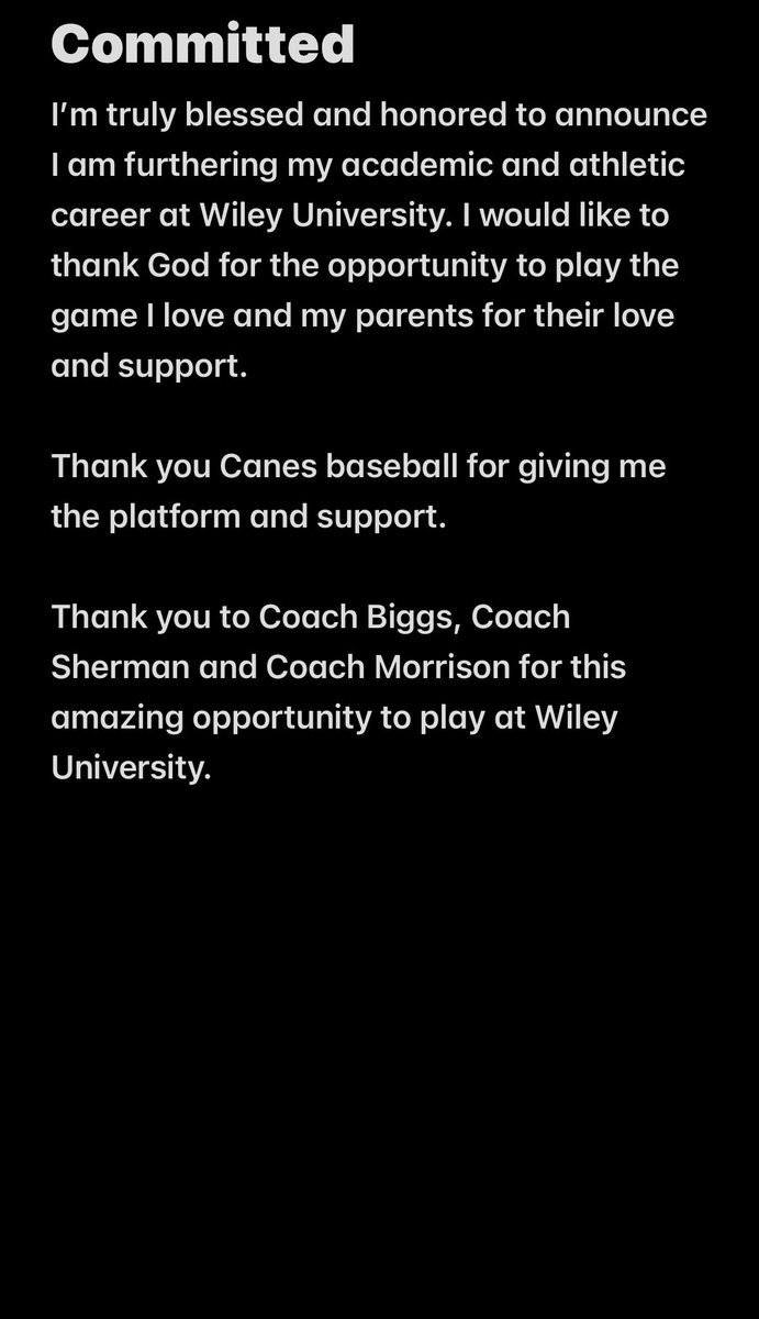 I’m truly blessed and honored to announce I am furthering my academic and athletic career at Wiley University. #GoWildcats

<a href="/WileyAthletics/">Wiley Athletics</a> 
<a href="/RDSHERMAN24/">Coach Roderick Sherman, J.D.</a> <a href="/NikaylenM6/">Nikaylen Morrison</a> <a href="/Ayee_Ohhh/">Adam Ortega</a> <a href="/TheCanesSW/">Canes Southwest</a> 
<a href="/DustinLMcComas/">Dustin McComas</a> <a href="/b_chancellor/">Brandon Chancellor</a>