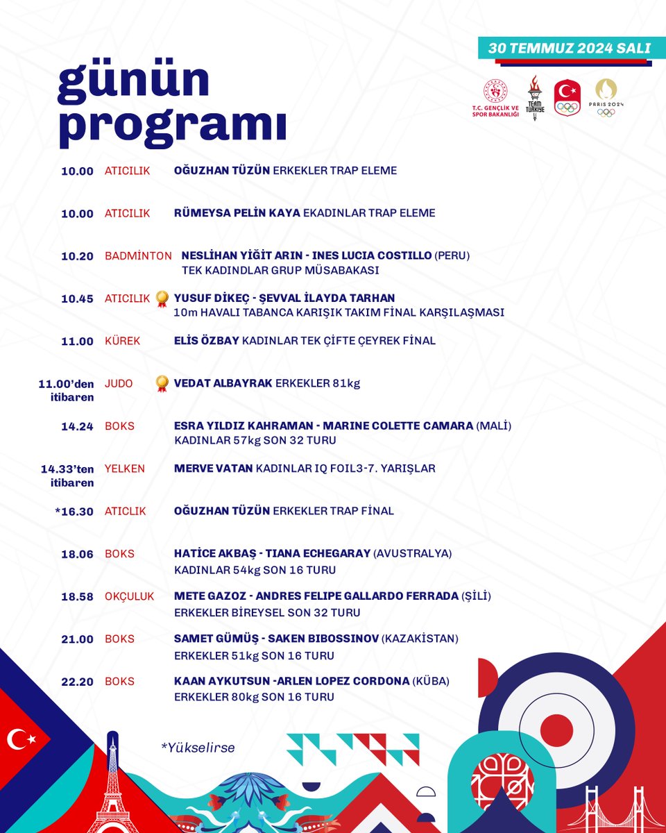 #TeamTürkiye’nin 30 Temmuz Salı günü programı. 📆