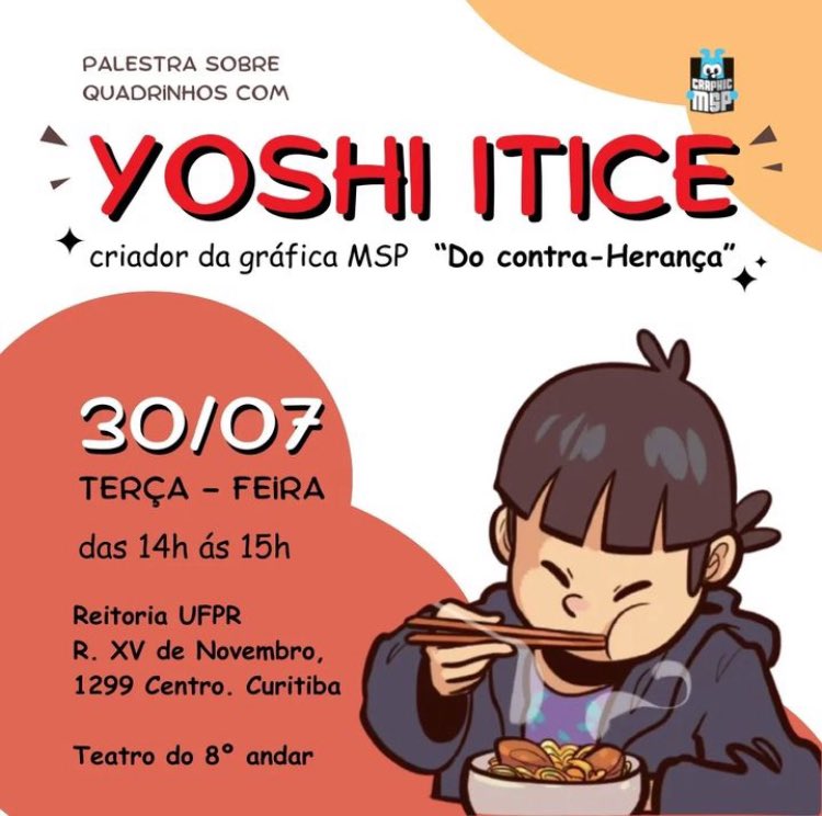 Terça-feira, dia 30, vulgo AMANHÃ, estarei no 8° andar da reitoria da UFPR pra falar de QUADRINHOS!
Vou falar sobre como trabalhar com HQs, como foi minha trajetória e como é meu processo de produção. Quem estiver em Curitiba, cola lá!