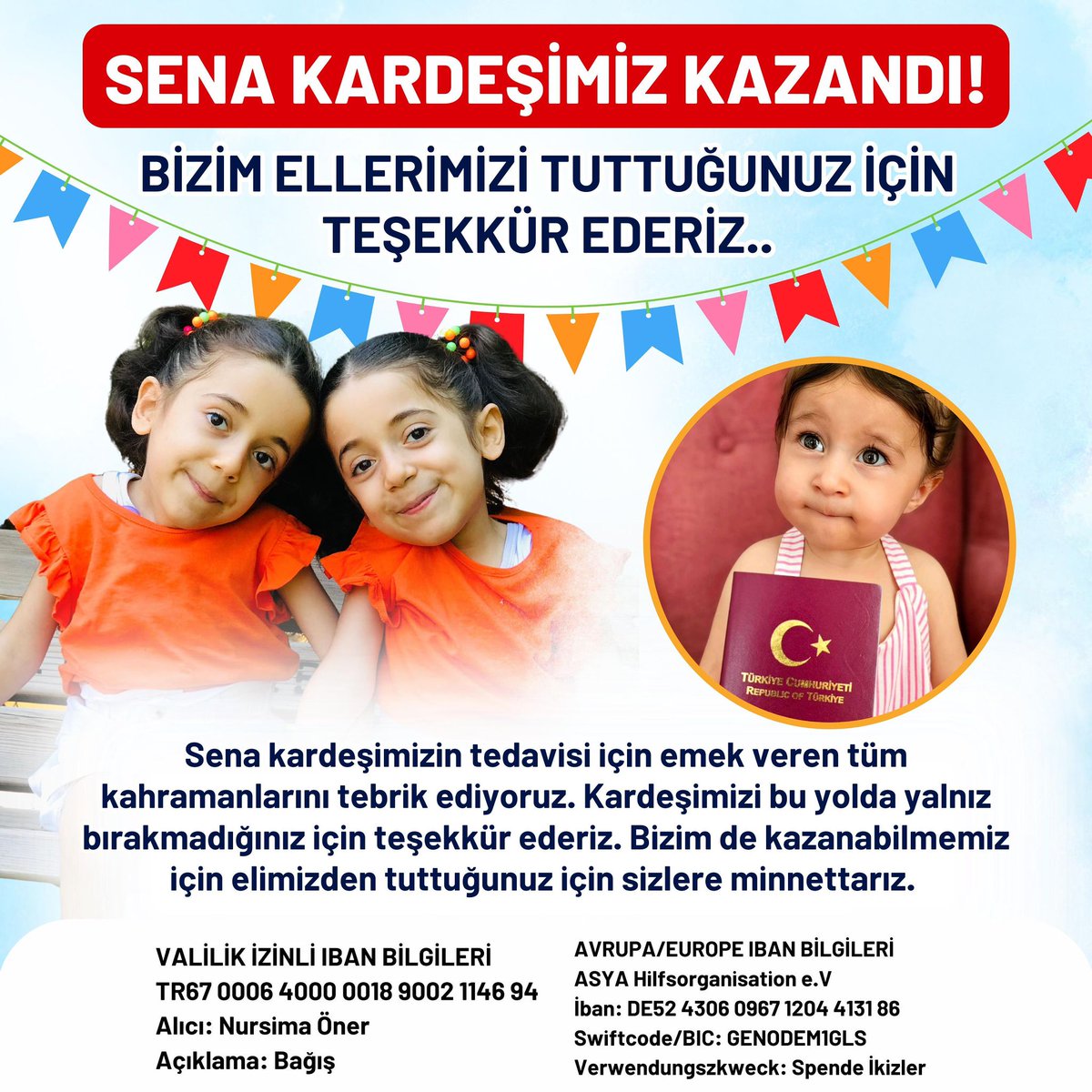 KARDEŞİM @sma_senabilir MÜCADELESİNİ KAZANDI🤍
İLACININ HER DAMLASI ŞİFA OLSUN🤲🏻
Mücadelesine ortak olan ailesini ve tüm gönüllü ekibini canı gönülden kutlarız🤍
Aylardır bu savaşı veren SMA hastası İkizlerin mücadelesinde sizleride yanımızda görmek bizleri çok mutlu edecek 🤍