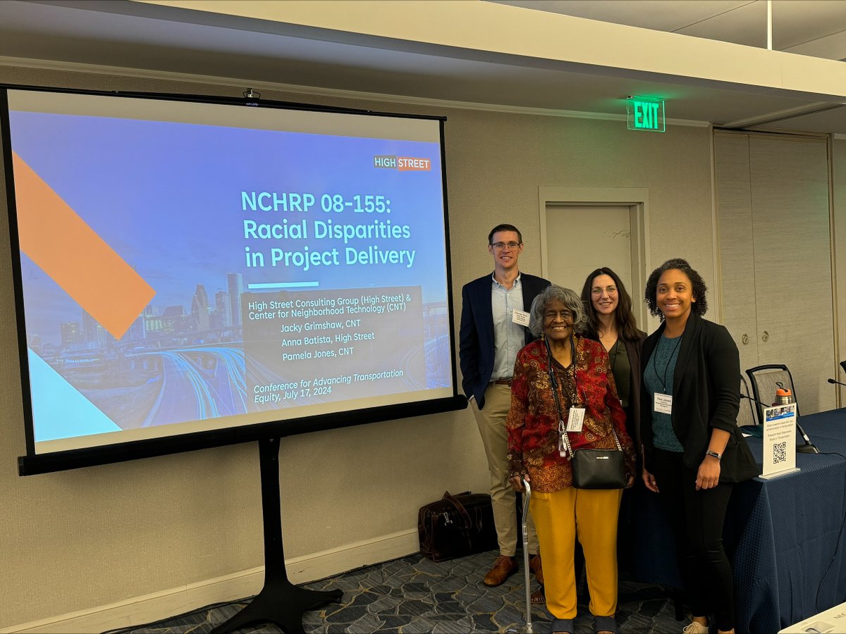 CNT_tweets's tweet photo. Earlier this month Jacky Grimshaw &amp; Pamela Jones attended the TRB Board Conference on Advancing Transportation Equity with @HighStreetHSC's Anna Batista and Donner Kahl! They joined Anna and presented on NCHRP project 08-155: Addressing Racial Disparities in Project Delivery. https://t.co/MjqW7xsS7s