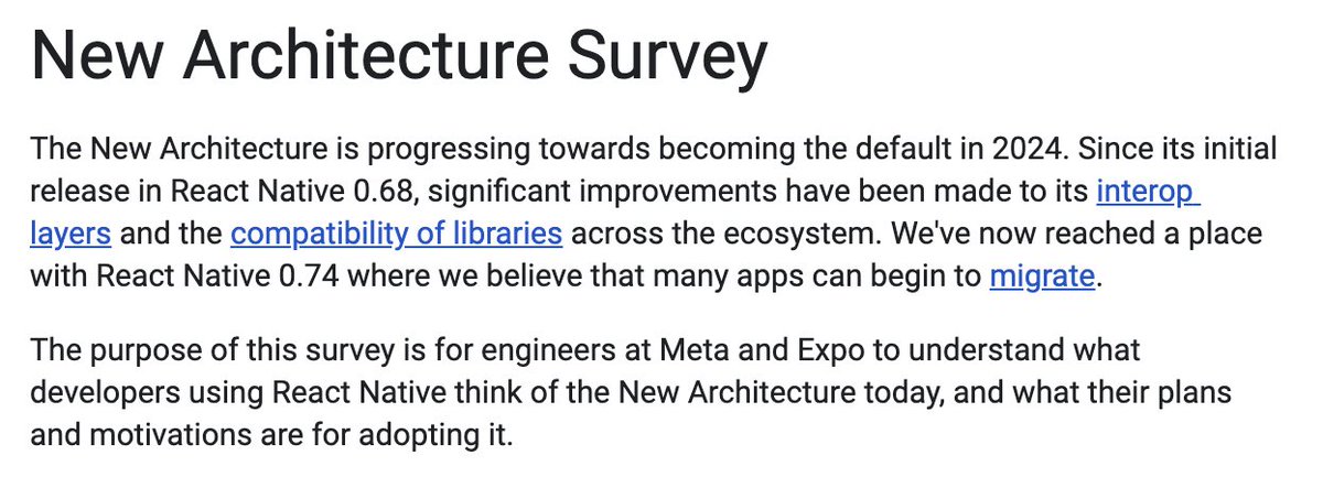 Expo (@expo) on Twitter photo 🙏 In an effort to improve the New Architecture and to help people migrate - engineers from <a href="/reactnative/">React Native</a> & Expo put together a survey where you can share feedback.
When you have a couple minutes please take a look at the survey and share your thoughts: forms.gle/Hdn9YFfZAFTZTv… 🙏 In an effort to improve the New Architecture and to help people migrate - engineers from <a href="/reactnative/">React Native</a> & Expo put together a survey where you can share feedback.
When you have a couple minutes please take a look at the survey and share your thoughts: forms.gle/Hdn9YFfZAFTZTv…