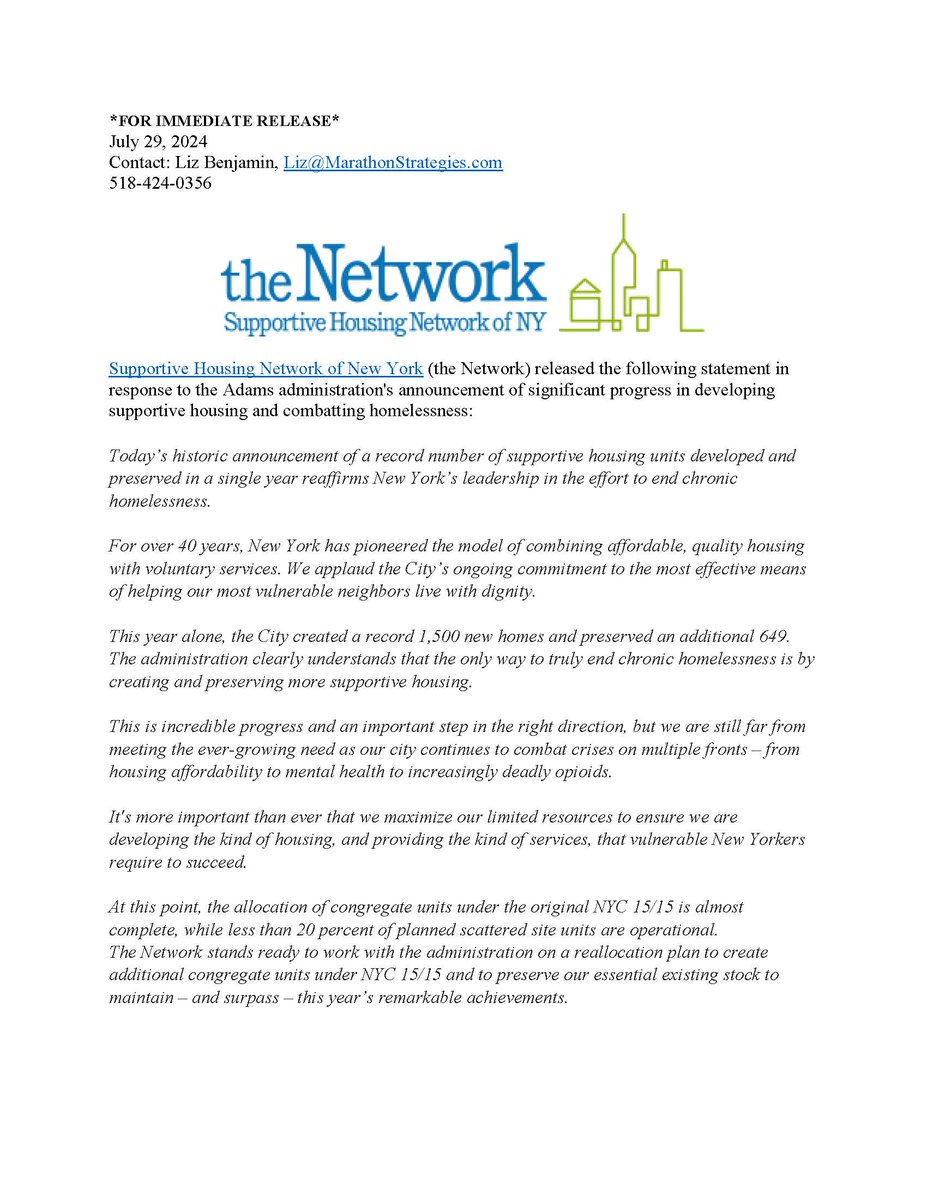 The Network's statement in response to the <a href="/NYCMayor/">Mayor Eric Adams</a>'s announcement today of significant progress in developing #supportivehousing and combatting homelessness: