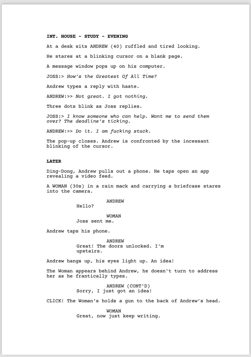 New one-page challenge. Official parameter stated it had to include someone or something that was stuck. My son insisted it must include a goat #screenwritingcommunity #onepagechallenge