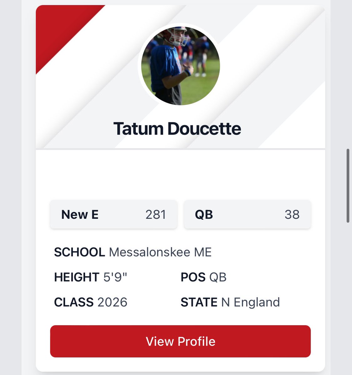 Blessed to be ranked #281 among all positions and #38 among all QBs in New England on <a href="/PrepRedzone/">Prep Redzone 🏈</a>!! <a href="/QBHitList/">QBHitList.com</a> <a href="/247Sports/">247Sports</a> <a href="/sixstarfootball/">Six Star Football | PLUS+</a> <a href="/Blair7Doucette/">Coach Blair Doucette</a>