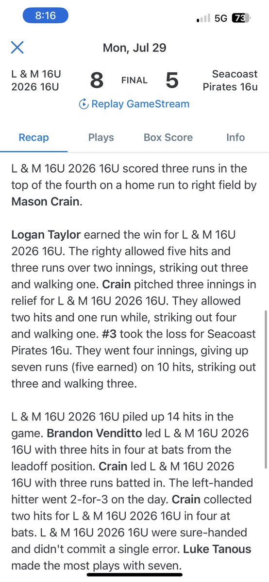 Had a great day at the plate today for <a href="/LandMbaseball12/">L & M Baseball</a> going 2-3 including a 3-run home run! 

<a href="/BUncommitted/">Baseball_Uncommitted</a>
