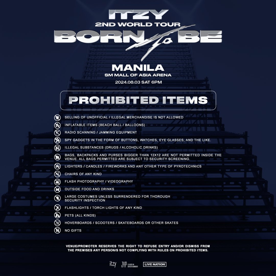 livenationph's tweet photo. MIDZY 😍 Make sure to go through the list of prohibited items to avoid inconvenience on the day of the show!

#ITZY #MIDZY #ITZY_BORNTOBE #ITZY_WORLD_TOUR https://t.co/FDJsm6uusG