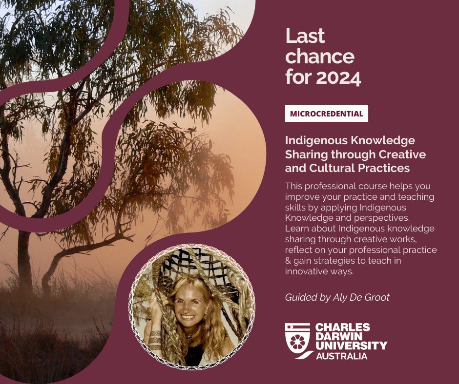 CDU_FAS's tweet image. Last Chance for 2024: register for this Indigenous Knowledge Sharing through Creative and Cultural Practice guided by local artist Aly De Groot. 
Registration and more 👉🏾 go.cdu.edu.au/fyyq